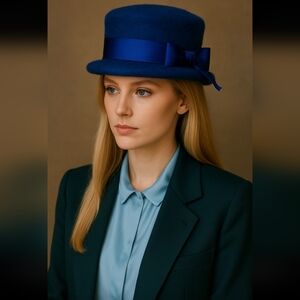 VINTAGE MAHARA ROYAL BLUE MOHAIR WOOL PILLBOX HAT WITH SATIN BOW SMALL